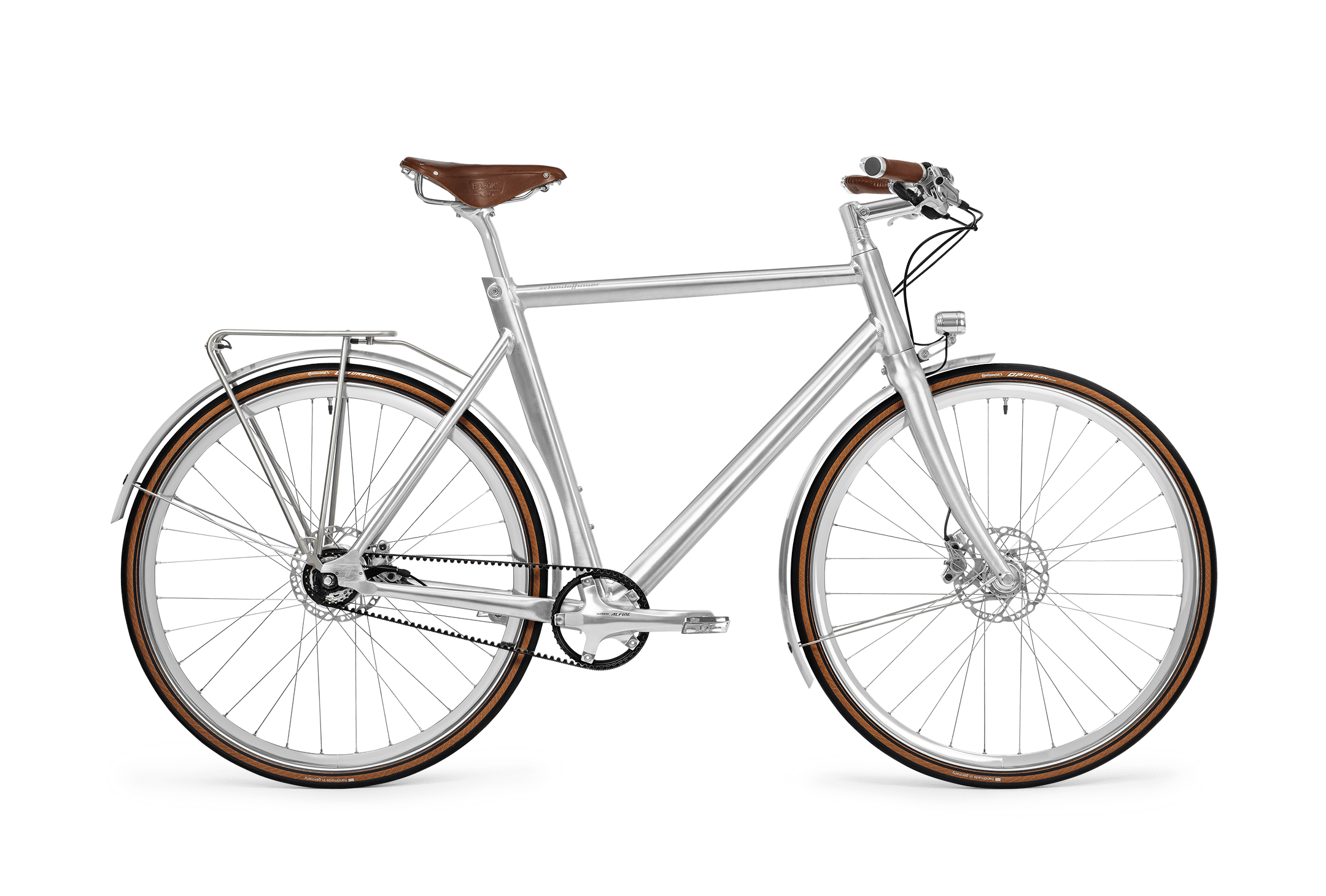 Silbernes Stadtfahrrad mit braunem Ledersattel, 28 Zoll Reifen, Gepäckträger und Scheibenbremsen.